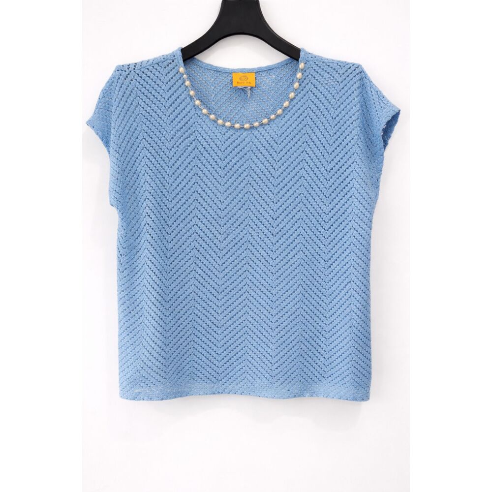 Ruby Rd Blue Crochet Lace Top Studded Neckline Size Large L Chevron Knit Blouse